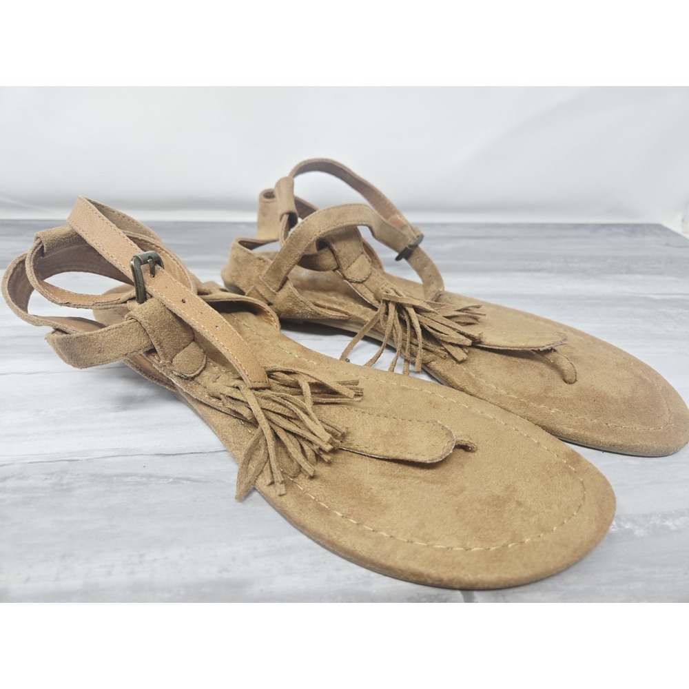 Lime Light‎ Mocassin Tassle Suede Leather Toe Thong Sandal Brown Size 8.5